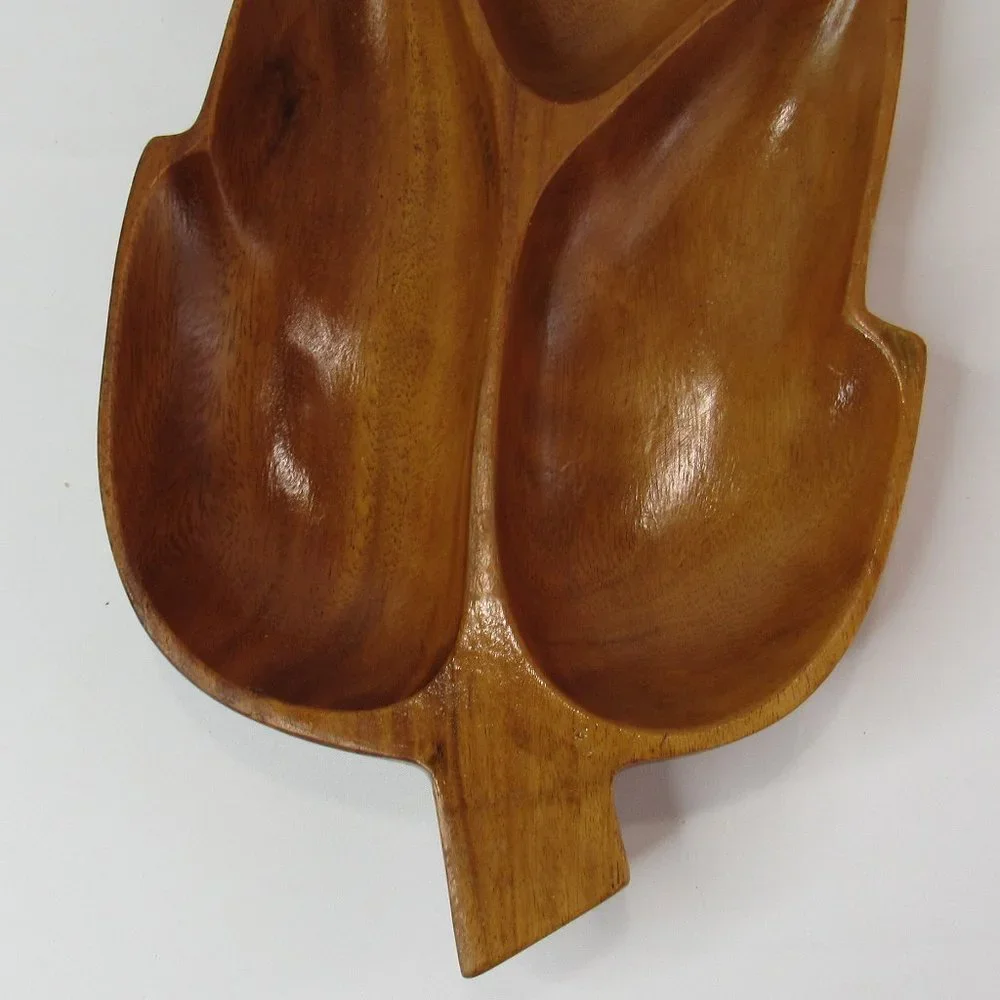 Vintage Wooden Leaf Shaped Serving Tray 3-Compartment Divided Wood Plate